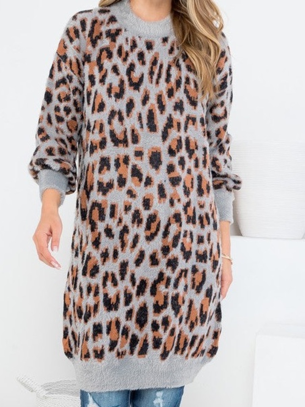 Net.153 Fuzzy Leopard Print Long Sleeve Sweater Dress Gray Brown Size S/M Cozy